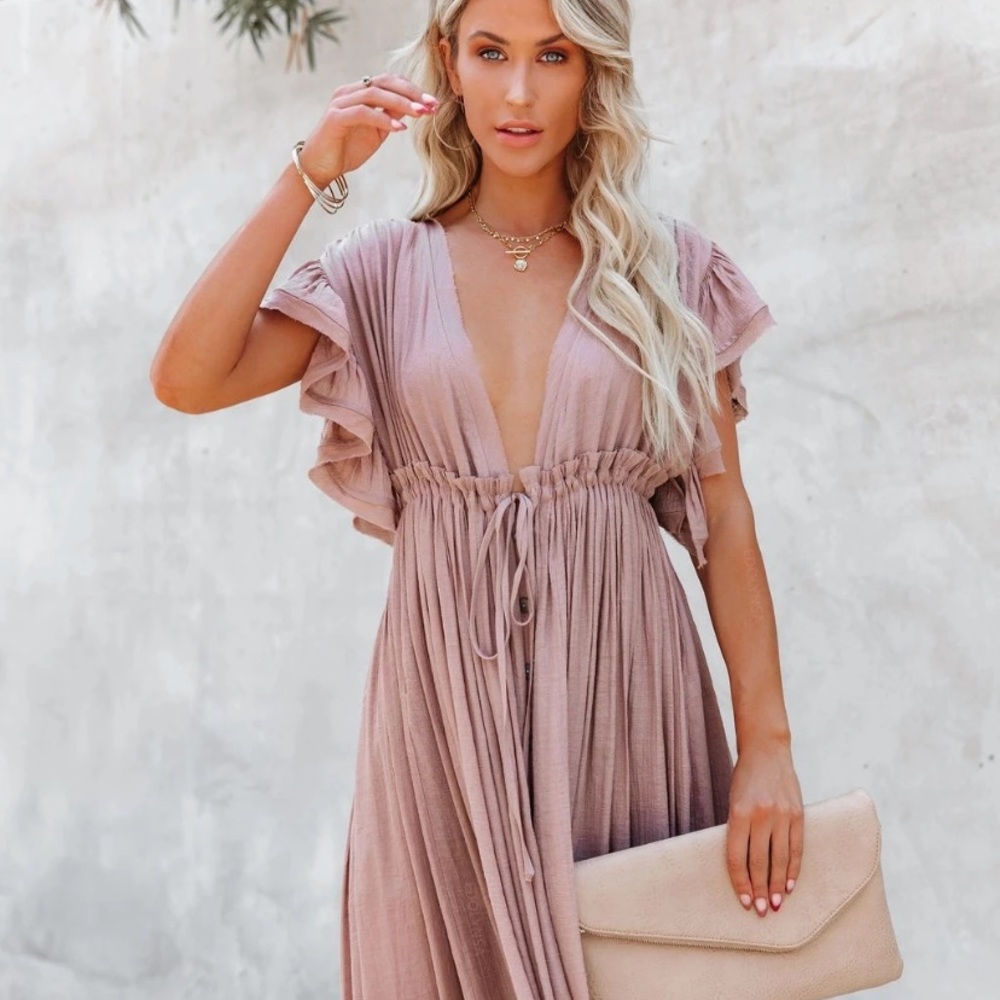 Light Dusty Pink Gauze Boho Button Maxi Coverup Dress - Picture 9 of 10